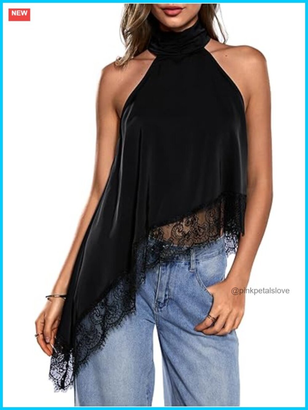 Halter Neck Sleeveless Lace Asymmetrical Hem Tank Top